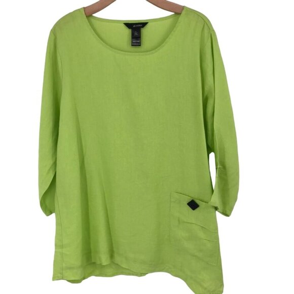 Ali Miles Womens top linen tunic Lime Green Pocket Detail Size Large 100% Linen - Picture 1 of 12